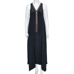 Brunello Cucinelli Charcoal Grey Silk Bead Embellished Neck Detail Sleeveless Maxi Dress S