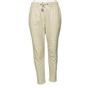 Brunello Cucinelli Beige Leather Drawstring Waist Pants M