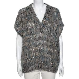 Brunello Cucinelli Blue & Beige Knit Mohair & Sequin Embellished Jumper L