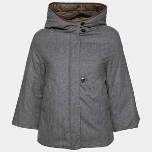 Brunello Cucinelli Grey Wool & Leather Trimmed Hooded Jacket S