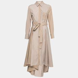 Brunello Cucinelli Brown Striped Cotton Belted Flared Shirtdress M 