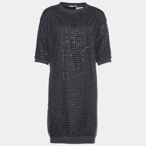 Brunello Cucinelli Grey Cashmere Open Knit Sequined Dress L