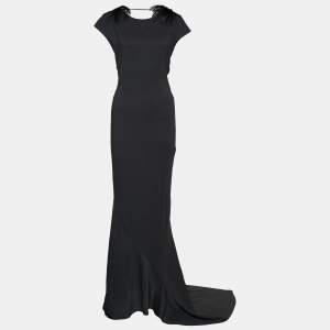Brunello Cucinelli Dark Grey Crepe Feather Epaulette Detail Maxi Dress S