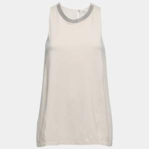 Brunello Cucinelli Ecru Jersey & Silk Paneled Monili Trim Tank Top S