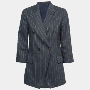 Brunello Cucinelli Charcoal Grey Striped Linen-Blend Blazer S
