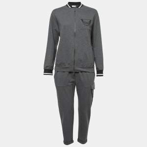 Brunello Cucinelli Grey Cotton Knit Embellished Jacket & Pants Set S