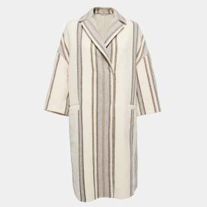 Brunello Cucinelli Cream Striped Wool & Cashmere Felt Coat M