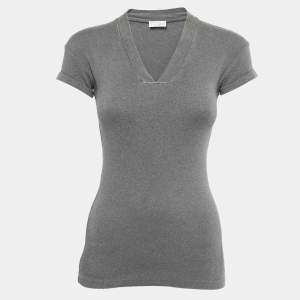 Brunello Cucinelli Grey Cotton Knit V-Neck Half Sleeve T-Shirt S