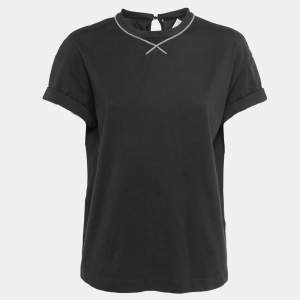 Brunello Cucinelli Black Cotton Beaded Trim Detail T-Shirt M