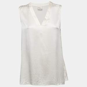 Brunello Cucinelli Cream Satin Silk V-Neck Sleeveless Blouse L