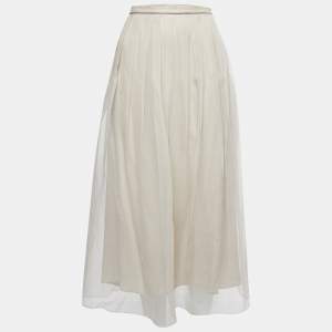 Brunello Cucinelli Beige Silk Pleated Midi Skirt M