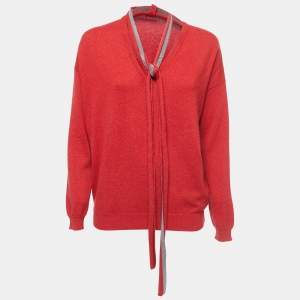 Brunello Cucinelli Red Cashmere V-Neck Tie Detail Sweater M