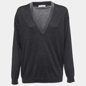 Brunello Cucinelli Charcoal Grey Cashmere Bead Embellished V-Neck Sweater L