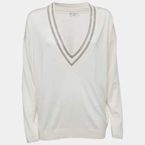 Brunello Cucinelli White Cashmere Embellished V-Neck Jumper L