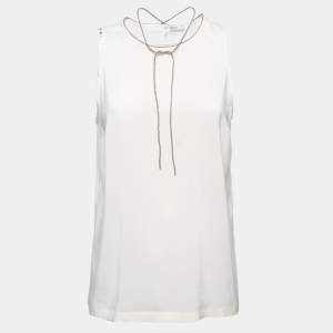 Brunello Cucinelli White Silk Beaded Strings Sleeveless Top XL