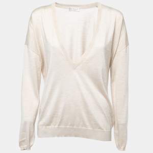 Brunello Cucinelli Beige Cashmere & Silk Deep V-Neck Layering Sweater XL