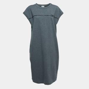 Brunello Cucinelli Grey Logo Embroidered Cotton Sleeveless Short Dress XXL