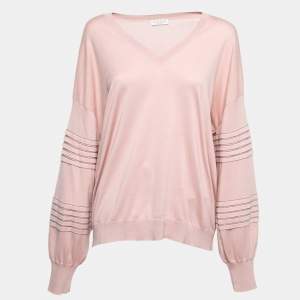 Brunello Cucinelli Pink Cotton Knit V-Neck Jumper XL