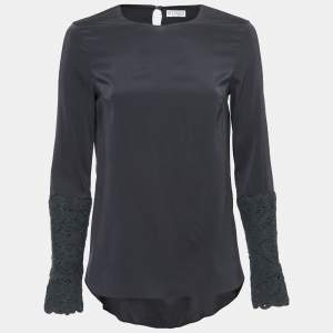 Brunello Cucinelli Grey Stretch Silk Long Sleeve Blouse S