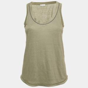 Brunello Cucinelli Green Linen Blend Beaded Sleeveless Top XS