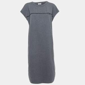 Brunello Cucinelli Grey Logo Embroidered Cotton Midi Dress XXL
