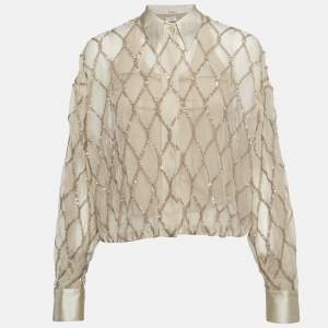 Brunello Cucinelli Beige Argyle Sequined Silk Shirt M