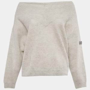 Brunello Cucinelli Grey Applique Lurex Knit V-Neck Sweater XS