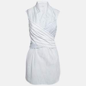 Brunello Cucinelli White/Blue Pinstripe Cotton Draped Sleeveless Blouse M