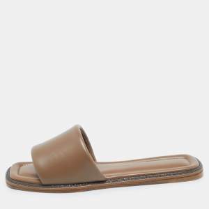 Brunello Cucinelli Brown Leather  Square Toe Flat Slide Size 39