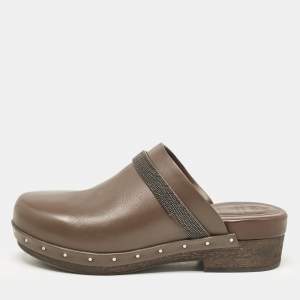 Brunello Cucinelli Dark Brown Leather Platform Clogs Size 39