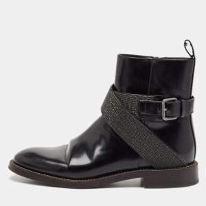 Brunello Cucinelli Black Leather Monili Combat Boots Size 35