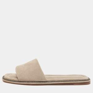 Brunello Cucinelli Grey Suede Square Toe Flat Slide Size 37.5