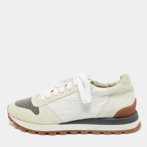 Brunello Cucinelli Grey/White Suede and Fabric Low Top Sneakers Size 39