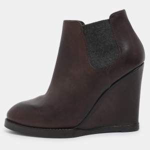 Pre Owned Brunello Cucinelli Brown Elastane and Leather Wedge Ankle Length Boots Size 37