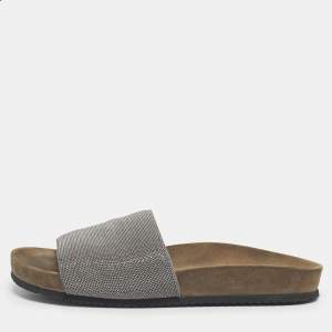 Pre Owned Brunello Cucinelli Silver Metal and Suede Monili Flat Slides Size 38