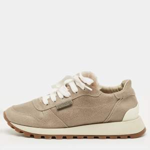 مملوكة مسبقًا حذاء رياضي برونيللو كوتشينيلي سويدي وشبكة أبيض/رمادي بعنق منخفض مقاس 39