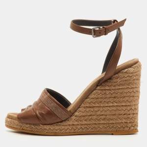 Pre Owned Brunello Cucinelli Size 40 Brown Leather Espadrille Platform Wedge Sandals