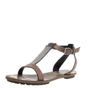 Brunello Cucinelli Light Brown Leather Bead Detail Flat Sandals Size 38