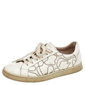 Brunello Cucinelli White Leather Embroidered Low Top Sneakers Size 38