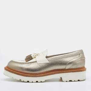 Brunello Cucinelli Silver/White Leather Tassel Platform Slip On Loafers Size 36