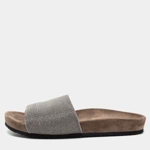 Brunello Cucinelli Metallic Grey Beads Monili Flat Slides Size 38
