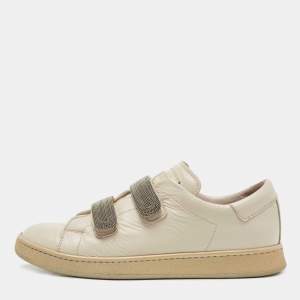 Brunello Cucinelli Cream Leather Velcro Strap Low Top Sneakers Size 37