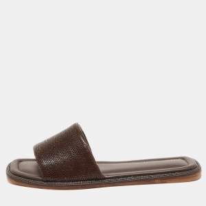 Brunello Cucinelli Brown Textured Leather Monili Trim Flat Slides Size 38