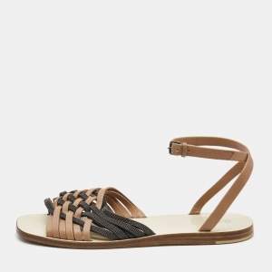 Brunello Cucinelli Brown/Black Leather And Glitter Crossover Ankle Strap Flat Sandals Size 37