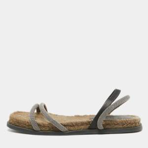 Brunello Cucinelli Black/Beige Leather and Crystal Embellished Slingback Flat Sandals Size 36