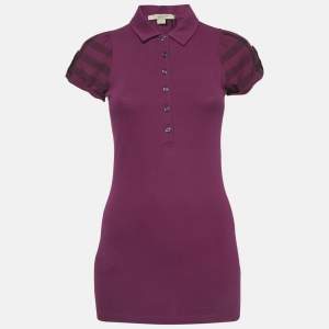 Burberry Brit Pink Pique Checked Puff Sleeve Polo T-Shirt S