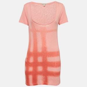 Burberry Brit Coral Pink Check Sprayed Cotton Scoop Neck T-Shirt XS