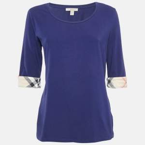 Burberry Brit Blue Stretch Cotton Nova Check Trim T-Shirt L
