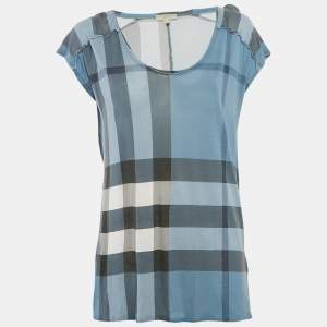 Burberry Brit Blue Plaid Print Modal Knit Top M