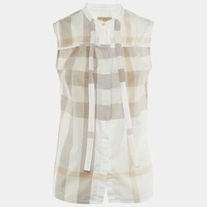 Pre Owned Burberry Brit White Checked Cotton Tie Neck Sleeveless Shirt S 
